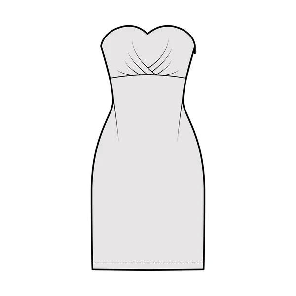 Kleedbuis technische mode illustratie met strapless, gemonteerd lichaam, knie lengte potlood rok. Platte kleding voorzijde — Stockvector