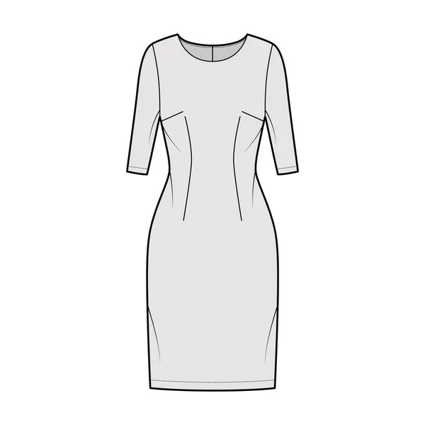 Vestido bainha técnica moda ilustração com mangas de cotovelo, corpo equipado, joelho comprimento lápis saia — Vetor de Stock