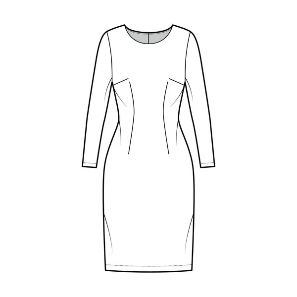 Šaty pochvy technické módní ilustrace s dlouhými rukávy, montované tělo, po kolena tužka sukně. Ploché oblečení vpředu — Stockový vektor