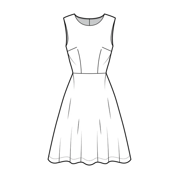 Kleid ausgestellte Skater technische Mode Illustration mit ärmellosen, taillierten Körper, knielangen halbrunden Rock. Flach — Stockvektor
