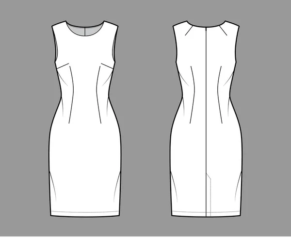 Jurkhoes technische mode illustratie met mouwloze, gemonteerde body, knie lengte potlood rok. Platte kleding voorzijde — Stockvector