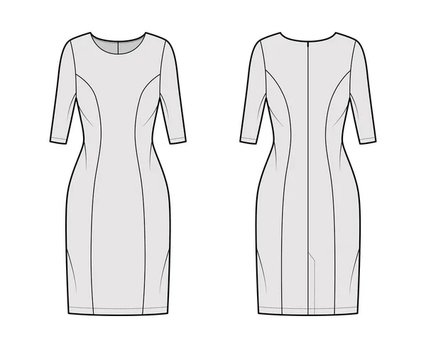 Vestido princesa linha técnica moda ilustração com mangas de cotovelo, corpo equipado, joelho comprimento lápis saia vestuário — Vetor de Stock