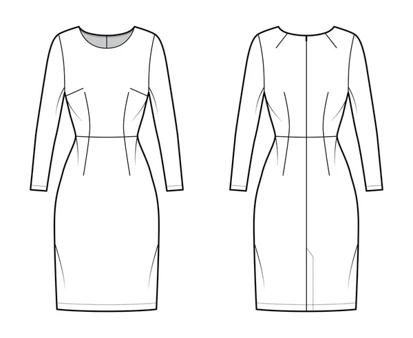 Jurkhuls technische mode illustratie met lange mouwen, passend lichaam, natuurlijke taille, potlood rok Platte kleding — Stockvector