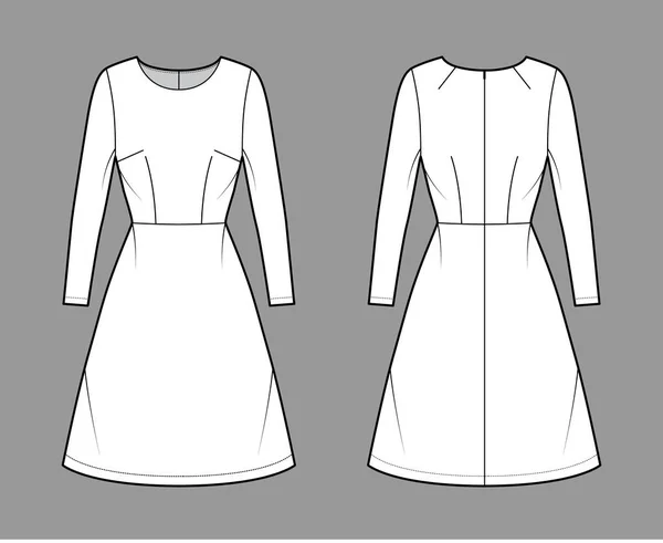 Jurk A-lijn technische mode illustratie met lange mouwen, passend lichaam, natuurlijke taille, knie lengte rok. Vlak — Stockvector