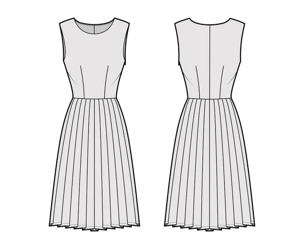 Sukienka plisowana ilustracja moda techniczna z rękawami, dopasowany korpus, spódnica długości kolana. Przód odzieży płaskiej — Wektor stockowy