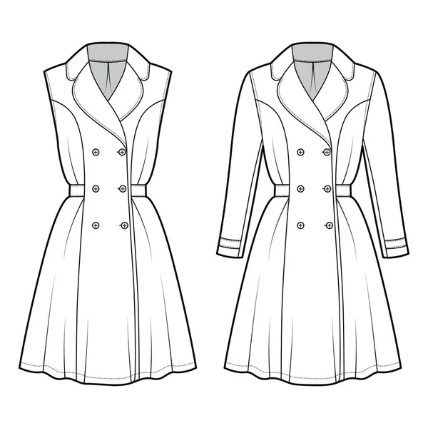 Conjunto de Vestidos casaco trincheira técnica moda ilustração com peito duplo, manga longa, corpo equipado, comprimento do joelho —  Vetores de Stock