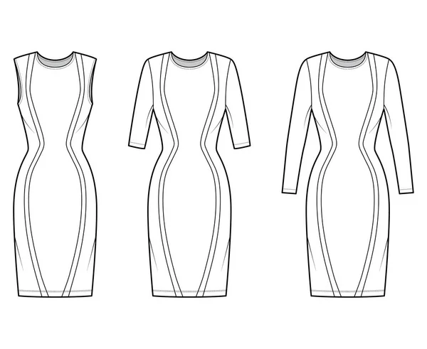 Set of Dresses panel technical fashion illustration with hourglass silhouette, elbow sleeve, fitted body, knee length — 스톡 벡터