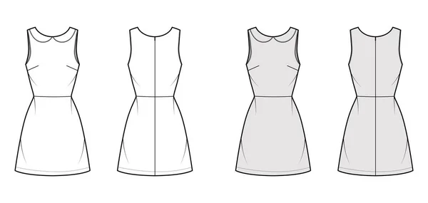 Robe A-line illustration de mode technique sans manches, col rond en peter, corps ajusté, jupe longueur au-dessus du genou — Image vectorielle