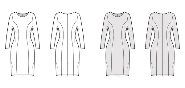 Φόρεμα πριγκίπισσα γραμμή τεχνική εικόνα μόδας με μακρύ μανίκι, εξοπλισμένο σώμα, γόνατο μήκος φούστα μολύβι. Επίπεδη ένδυση — Διανυσματικό Αρχείο