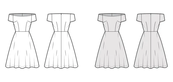 Conjunto de Vestidos off-ombro Bardot ilustração de moda técnica com mangas curtas, joelho saia semi-circular comprimento —  Vetores de Stock