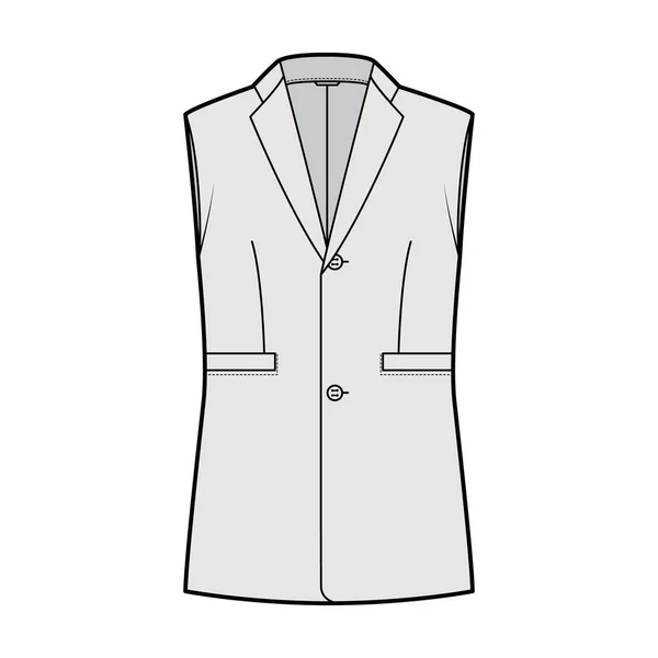 Sleeveless jacket lapelled vest waistcoat technical fashion illustration with notched collar, single breasted, pockets — Stock Vector