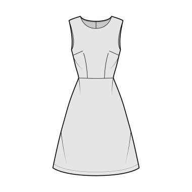 Kolsuz, düzgün vücutlu, doğal bel ölçüsünde, diz boyu etekli A-line bir moda çizimi. Düz
