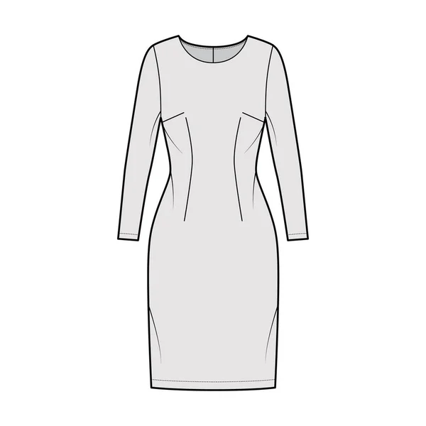 Vestido bainha ilustração de moda técnica com mangas compridas, corpo equipado, saia de lápis de comprimento do joelho. Vestuário liso frente — Vetor de Stock