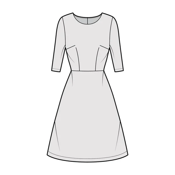Kleid A-Linie technische Mode Illustration mit Ellenbogenärmeln, taillierten Körper, natürliche Taille, knielangen Rock. Flach — Stockvektor