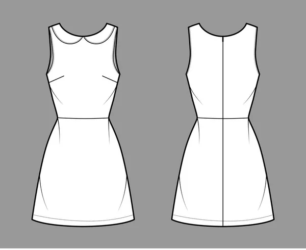 Сукня А-лінія технічна ілюстрація моди з без рукавів, комір петера, встановлений кузов, спідниця вище коліна — стоковий вектор