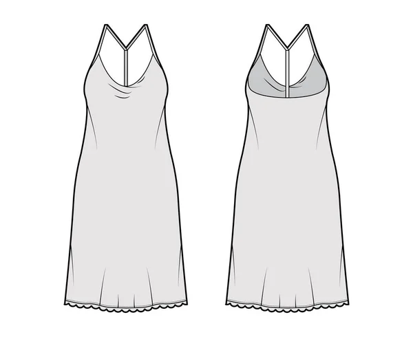 Платье скольжения техническая мода иллюстрация с негабаритным телом, юбка карандаш длиной в колено, racerback. Плоская одежда спереди — стоковый вектор