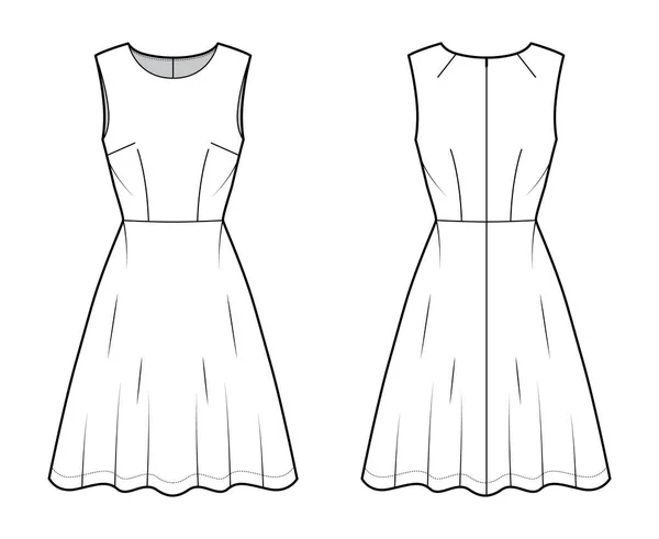 Šaty rozšířený bruslař technické módní ilustrace s rukávem, montované tělo, koleno délka polokruhové sukně. Flat — Stockový vektor