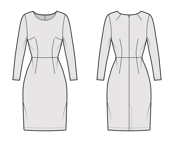 Robe gaine technique illustration de mode avec manches longues, corps ajusté, taille naturelle, jupe crayon Vêtements plats — Image vectorielle