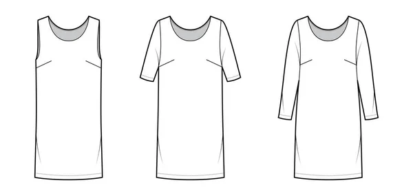 Set of Dresses shift chemise technical fashion illustration with long elbow short sleeve sleeveless, oversized body — 스톡 벡터