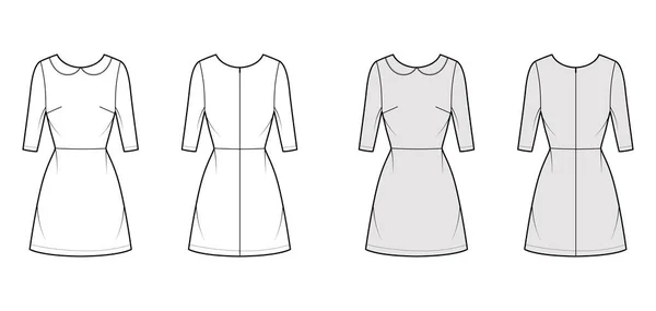 Šaty A-line technické módní ilustrace s loketní rukávy, peter pan límec, montované tělo, nad-koleno délka — Stockový vektor