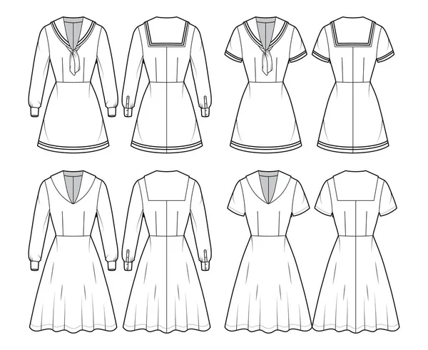 Set of Dresses sailor technical fashion illustration with short long sleeve, middy collar, stripes, mini knee length — Vector de stock