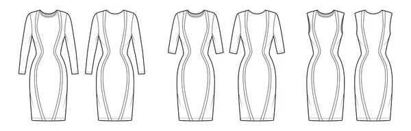 Set of Dresses panel technical fashion illustration with hourglass silhouette, elbow sleeve, fitted body, knee length — ストックベクタ