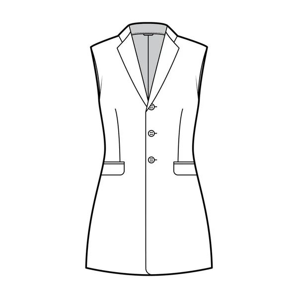 Jaqueta sem mangas colete lapela colete ilustração de moda técnica com gola entalhada, botão-up, corpo equipado — Vetor de Stock