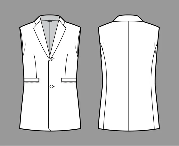 Sleeveless jacket lapelled vest waistcoat technical fashion illustration with notched collar, single breasted, pockets — Stock Vector