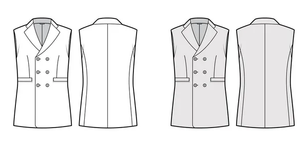 Ärmellose Jacke mit Revers Weste technische Mode Illustration mit Doppelbrust, Knopfverschluss, Tasche — Stockvektor