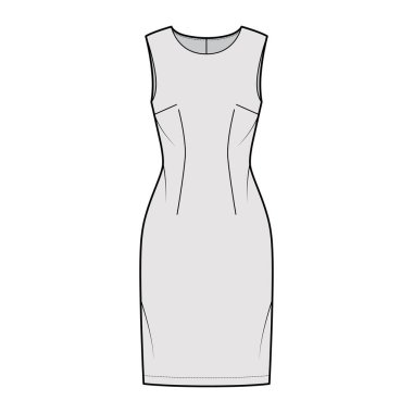 Kıyafet kılıfı teknik tasviri, kolsuz, vücuduna uygun, diz boyu kalem etekli. Düz giysi önü
