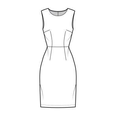 Kıyafet kılıfı teknik tasviri, kolsuz, doğal bel ölçüsü, diz boyu eteği. Düz giysi önü