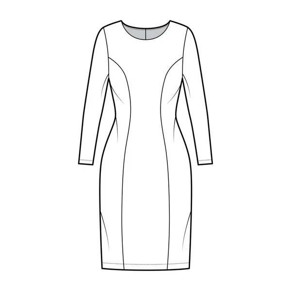 Kleid prinzessinnen linie technische modeillustration mit langen ärmeln, taillierten körper, knielangen bleistiftrock. Flache Kleidung — Stockvektor