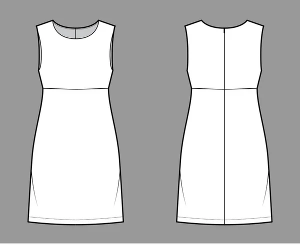 Vestido imperio línea técnica ilustración de moda con cuerpo sin mangas, de gran tamaño, longitud de rodilla falda de una línea. Ropa plana — Vector de stock