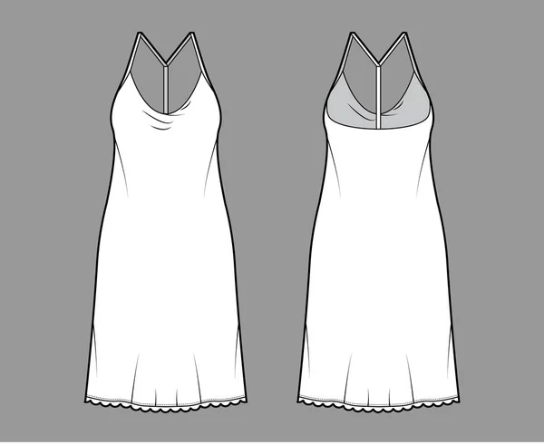 Vestido deslizamento ilustração de moda técnica com corpo de grandes dimensões, saia de lápis de comprimento do joelho, racerback. Vestuário liso frente — Vetor de Stock