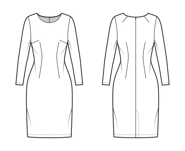 Vestido vaina técnica ilustración de moda con mangas largas, cuerpo ajustado, falda de lápiz de longitud de rodilla. Ropa plana frontal — Vector de stock