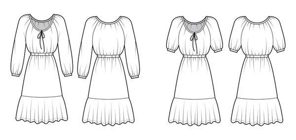 Zestaw sukienki chłopski moda techniczna ilustracja z długimi krótkimi rękawami, dopasowane, długość kolana piórnik spódnica — Wektor stockowy