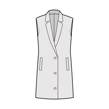 Kolsuz ceket yakalı yelek düğmeli, cepli, büyük beden ceketli teknik moda illüstrasyonu.