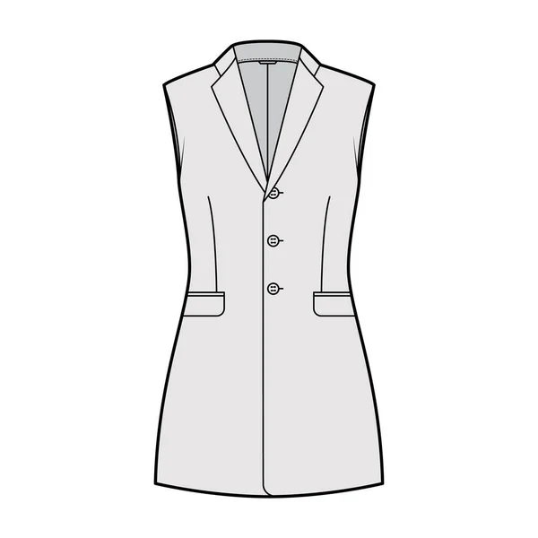 Sleeveless jacket lapelled vest waistcoat technical fashion illustration with notched collar, button-up, fitted body — Stock Vector