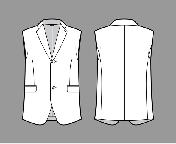 Sleeveless jacket lapelled vest waistcoat technical fashion illustration with single breasted, button-up closure, pocket — Stock Vector