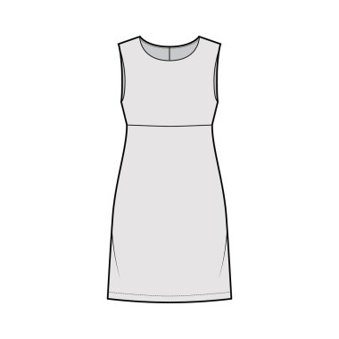 Kolsuz, büyük bedenli, diz hizasında bir etekli imparatorluk tarzı teknik tasvirler. Düz giysi.