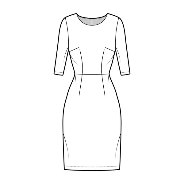 Платье ножницы техническая мода иллюстрация с естественной талии, оснащенный корпус, юбка карандаш длиной до колен Плоская одежда — стоковый вектор