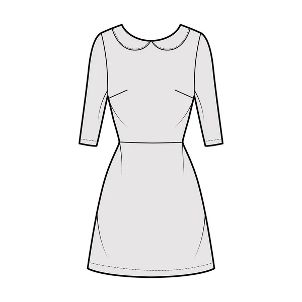 Kleid A-Linie technische Mode Illustration mit Ellenbogenärmeln, Peter Pan Kragen, taillierten Körper, über das Knie Länge — Stockvektor