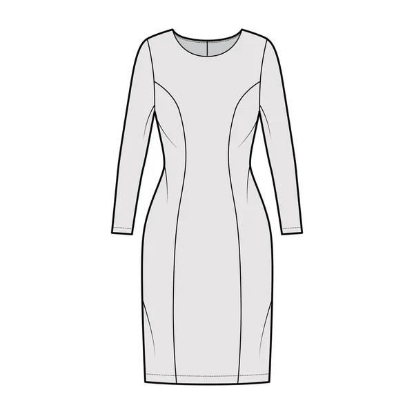 Vestido princesa linha técnica moda ilustração com manga comprida, corpo equipado, saia de lápis de comprimento do joelho. Vestuário plano — Vetor de Stock