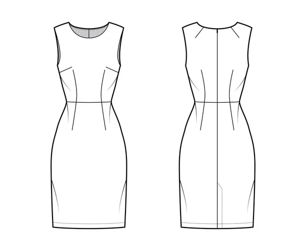 Robe gaine technique illustration de mode avec sans manches, taille naturelle, jupe longueur genou. Vêtements plats avant — Image vectorielle