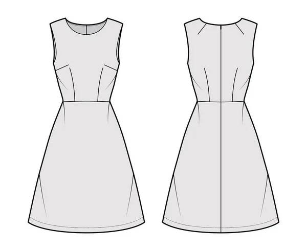 Dress A-line illustrazione tecnica di moda con maniche, corpo aderente, vita naturale, gonna al ginocchio. Piatto — Vettoriale Stock