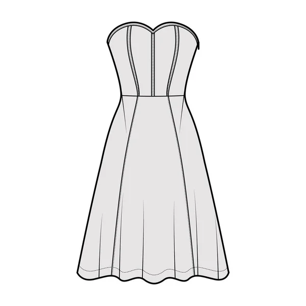 Vestido corsé técnica moda ilustración con sin mangas, sin tirantes, cuerpo ajustado, longitud de rodilla falda circular. Plano — Vector de stock