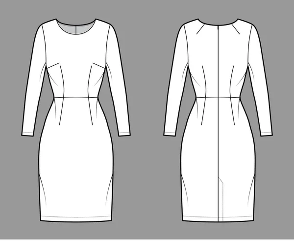 Платье ножницы техническая мода иллюстрация с длинными рукавами, оснащенный корпус, естественная талия, карандашная юбка Плоская одежда — стоковый вектор