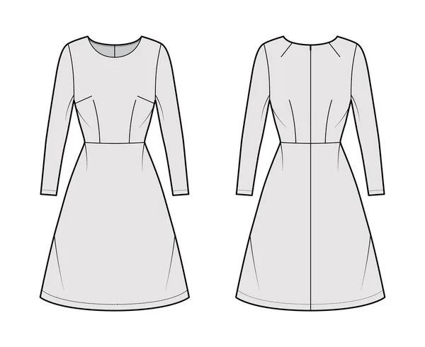 Платье A-line техническая мода иллюстрация с длинными рукавами, оснащенный корпус, естественная талия, юбка длиной до колен. Плоская квартира — стоковый вектор