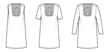 Set of Dresses bib pintucked technical fashion illustration with long short sleeves, henley neckline, knee length