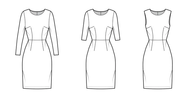 Set of Dresses sheath technical fashion illustration with long elbow short sleeveless, natural waistline, knee length — Stock Vector